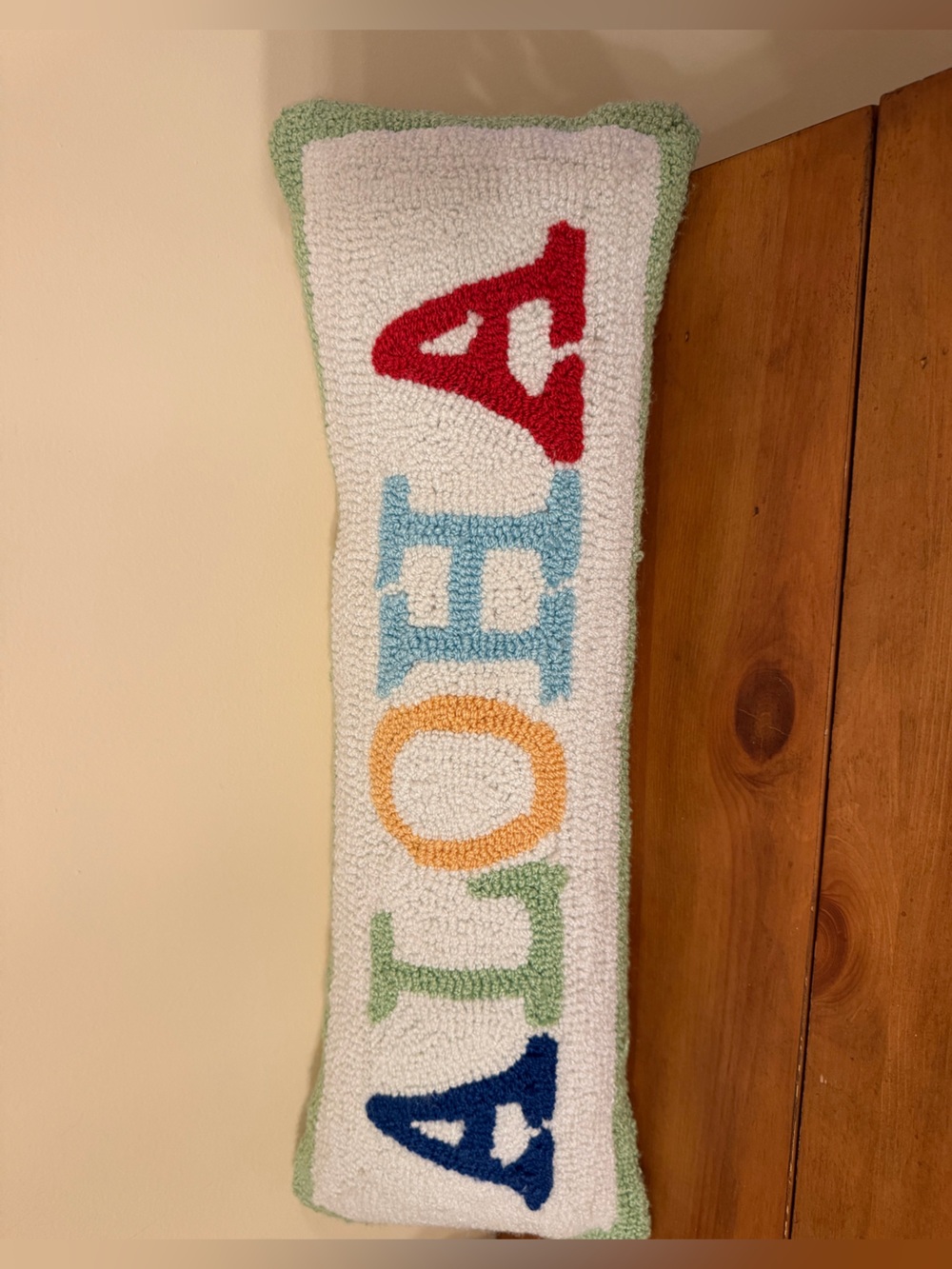 Aloha Hooked Lumbar Pillow - Multicolor Letters on Cream 22” x 8” - Picture 2 of 9